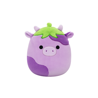 Purple cow plush toy with dark spots and a green cap, resembling an eggplant