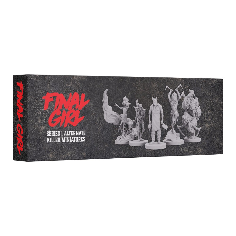 A dark box for "Final Girl Series 1 Alternate Killer Miniatures" displays five unpainted horror-themed figures
