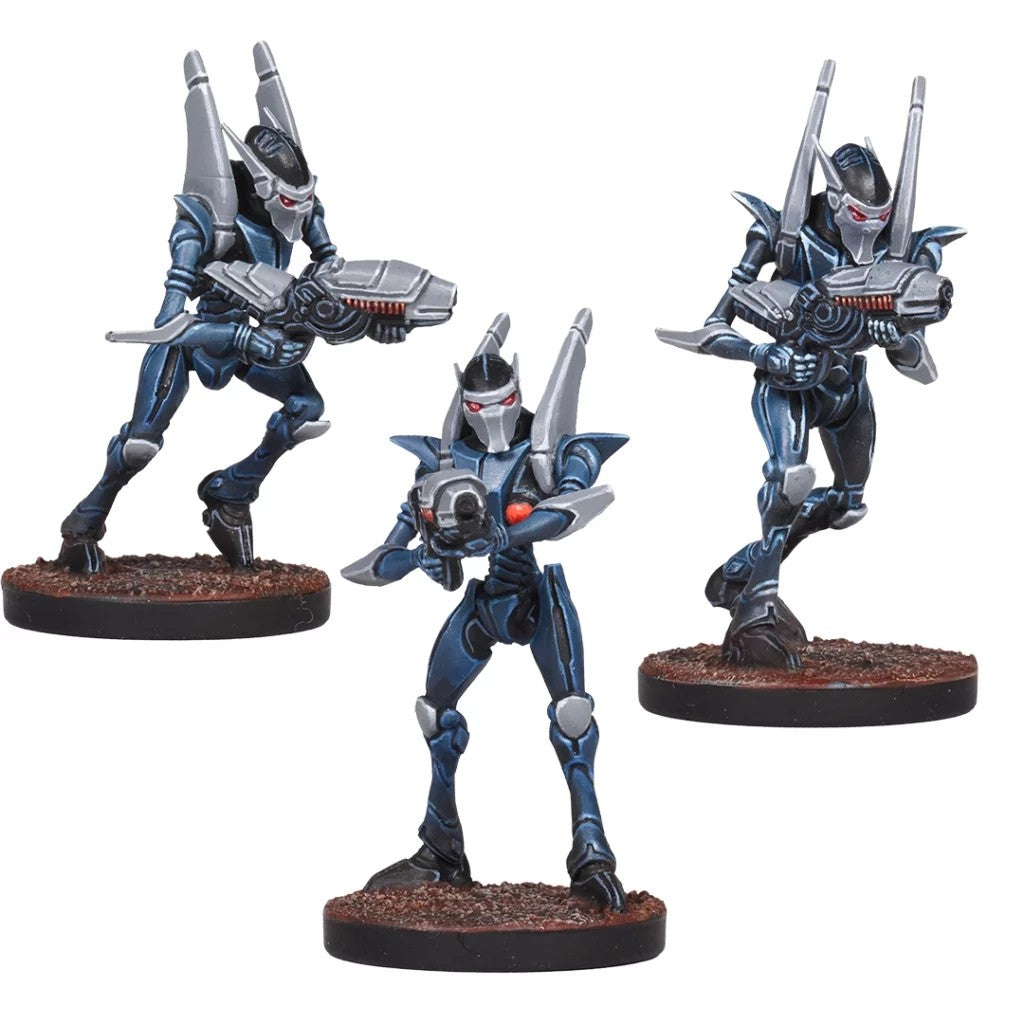 Three blue and grey armored sci-fi figures, wearing helmets with red eyes, holding futuristic rifles and equipped with jetpacks