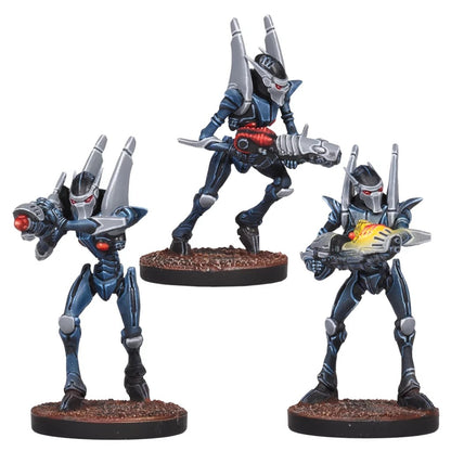 Three dark blue futuristic combat miniatures with red-eyed helmets, jetpacks, and energy weapons