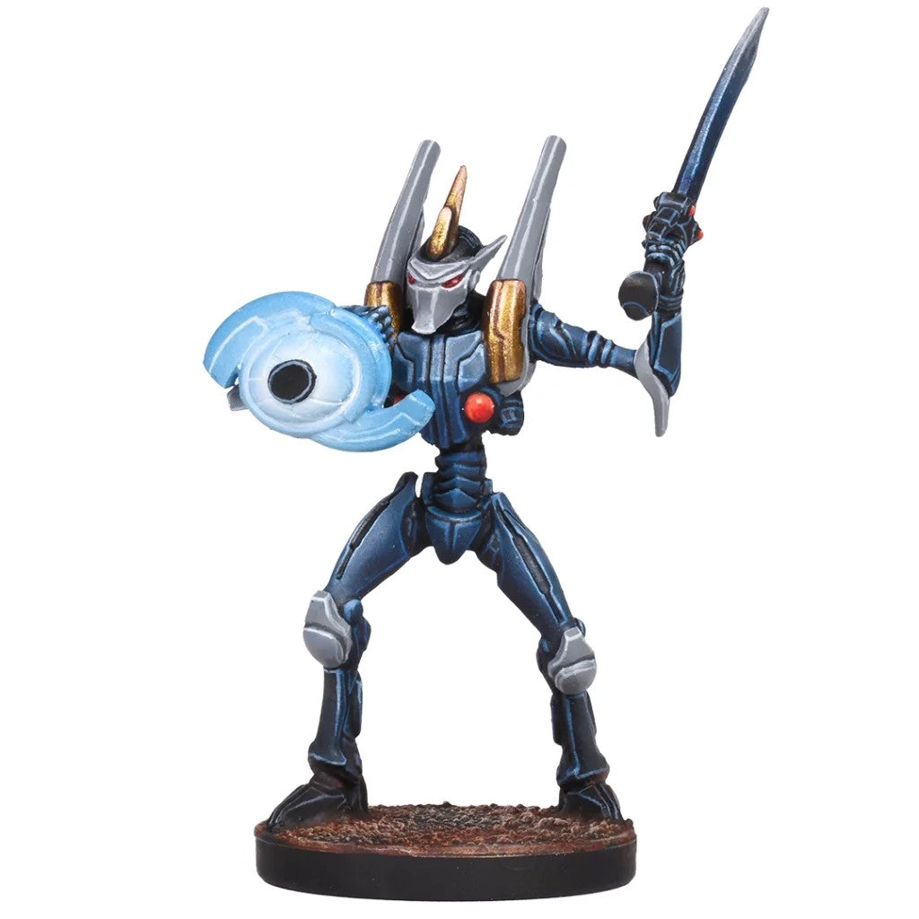 Dark blue sci-fi miniature warrior with a sword, blue energy shield, and twin shoulder cannons