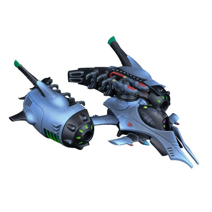 Sleek light blue futuristic gunship model with multiple weapons and green glowing details on white
