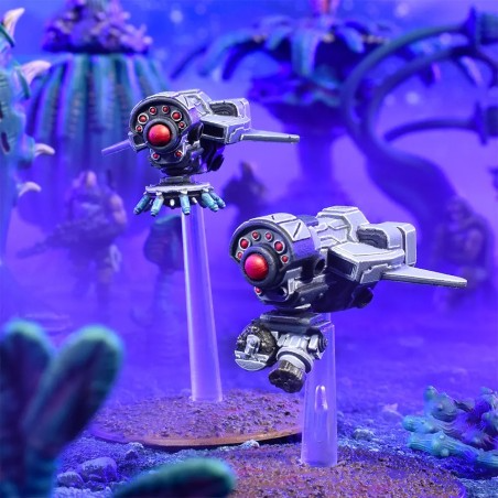 Firefight Enforcer Missile Shield Drones two silver and red drones on clear stands