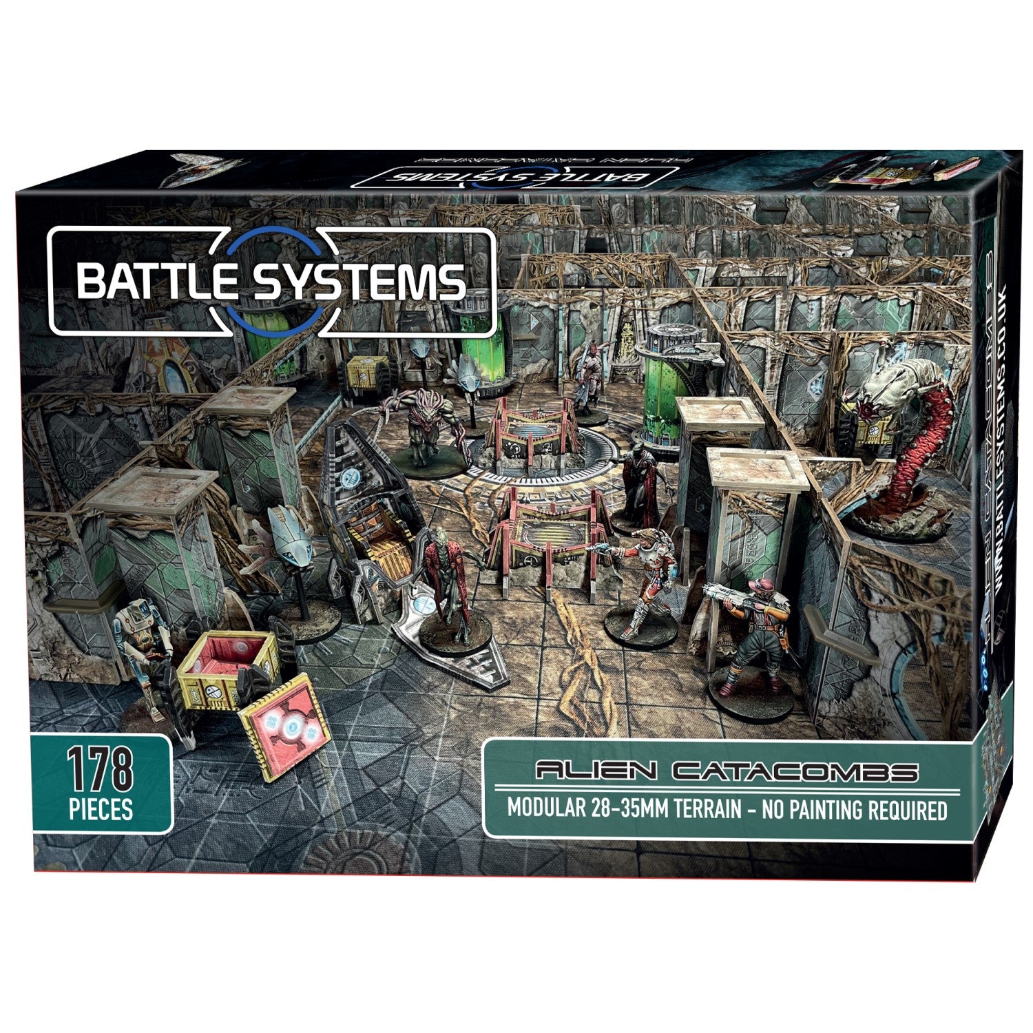 Battle Systems Alien Catacombs box: sci-fi modular terrain diorama with miniature soldiers and alien monsters.