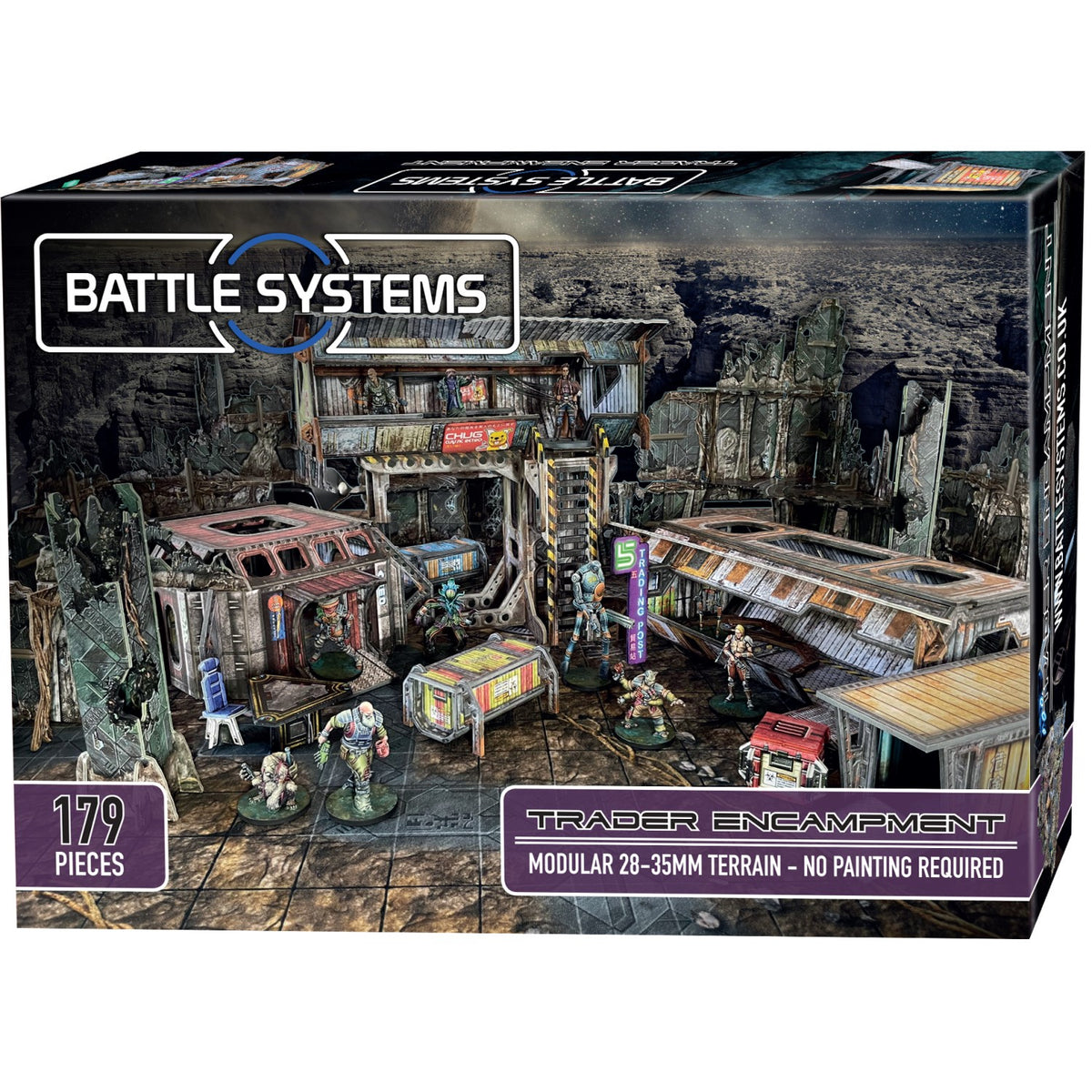Product box for Battle Systems&#39; &quot;Trader Encampment&quot; modular sci-fi terrain kit, featuring ruined buildings, figures, and a desolate scene.