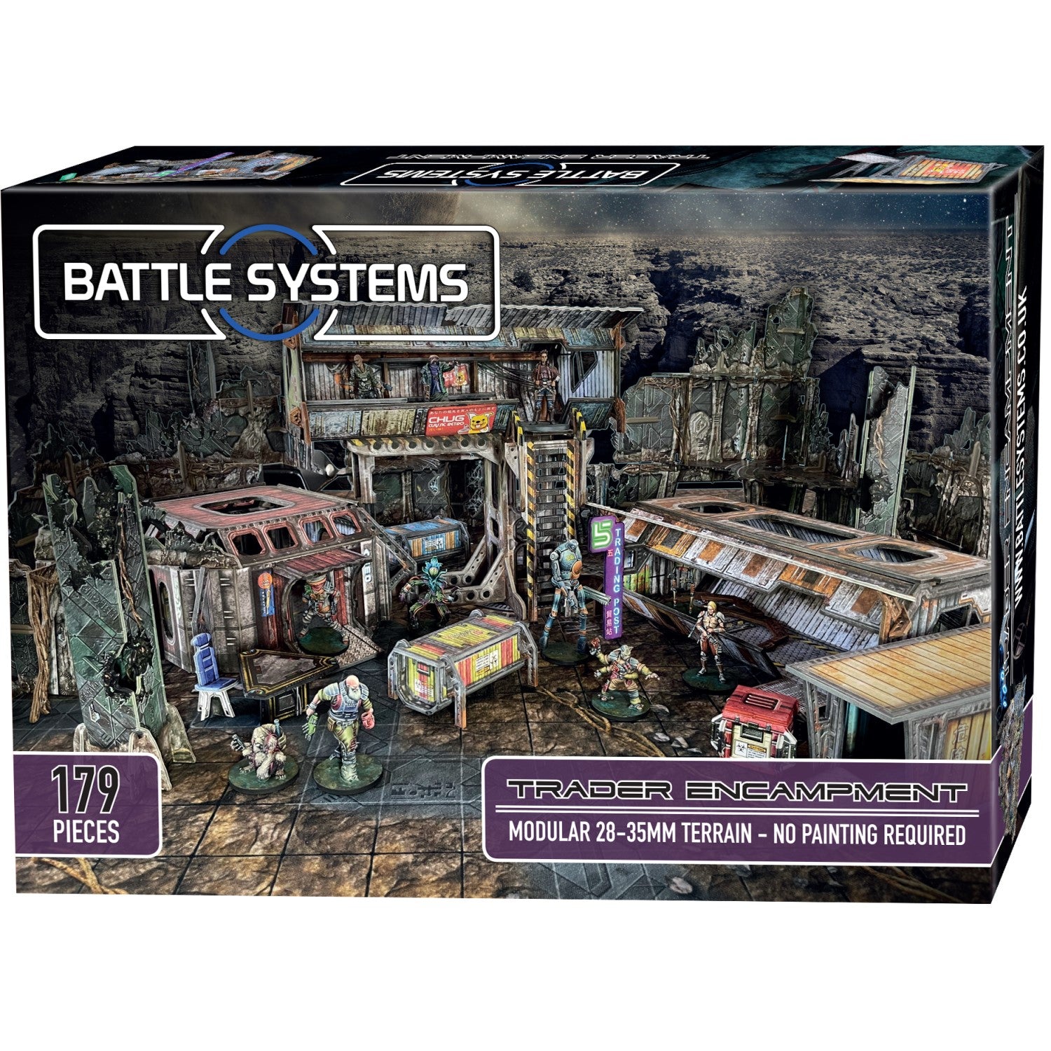 Product box for Battle Systems' "Trader Encampment" modular sci-fi terrain kit, featuring ruined buildings, figures, and a desolate scene.
