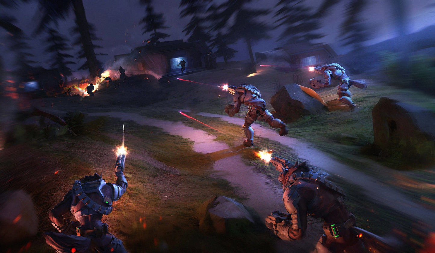 Armored soldiers battle in a dark forest firefight, firing futuristic weapons with laser blasts and explosions