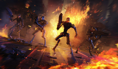 Four armed sci-fi robots charge through a fiery, smoke-filled warzone with debris littering the ground