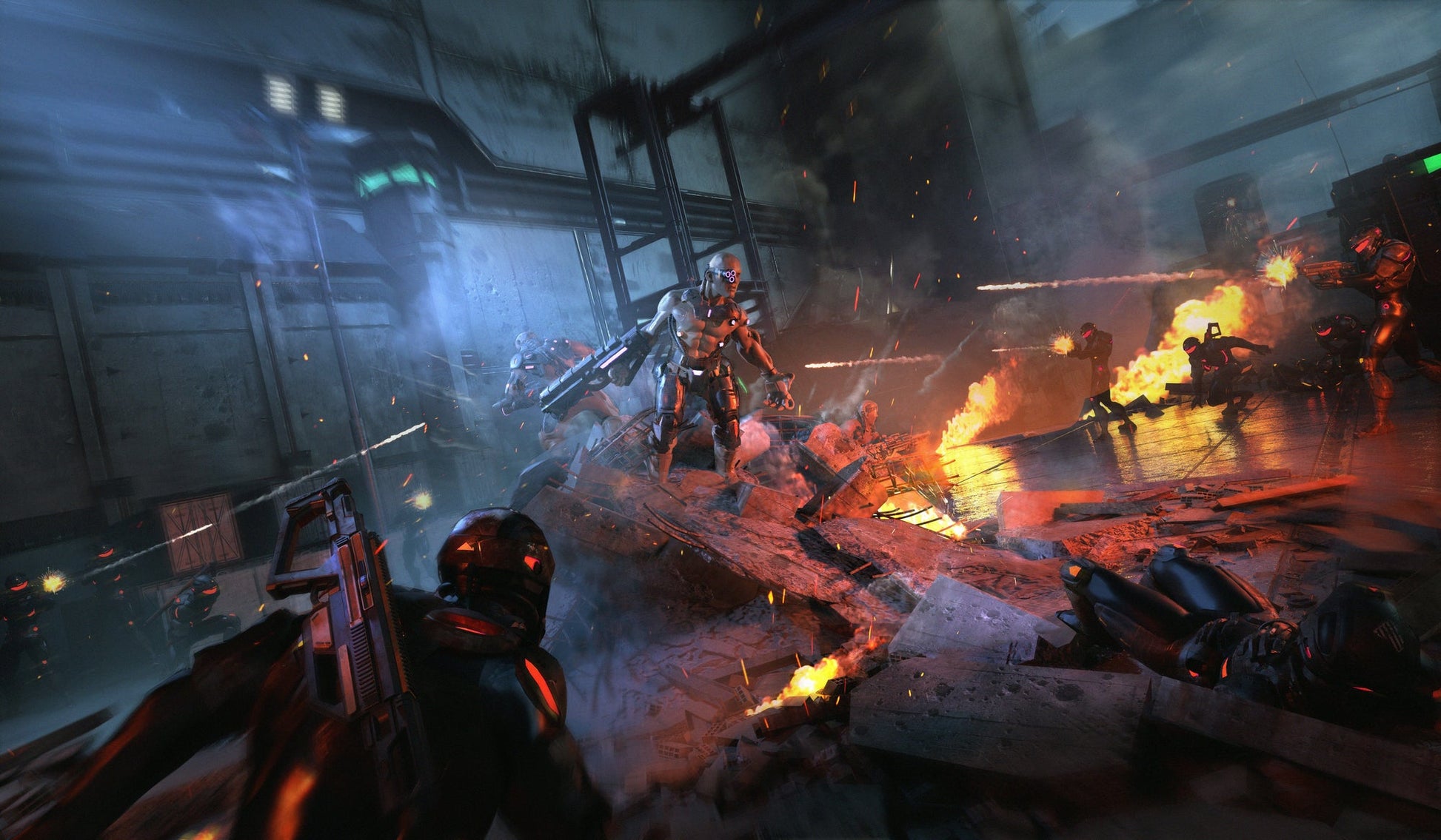 Massive cyborg with cannon battles armored soldiers in a ruined futuristic base