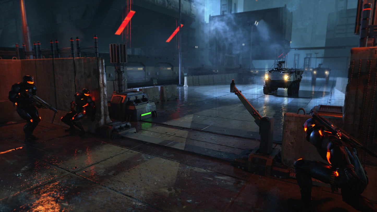 Three dark armored soldiers with orange glow hide behind barriers as military vehicles approach on a rainy night