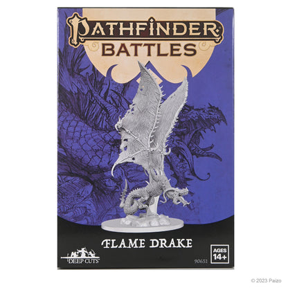 Pathfinder Battles 'Flame Drake' miniature box, showing an unpainted grey dragon with large, tattered wings