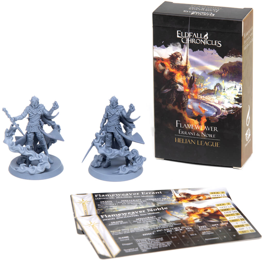 Two unpainted grey Flameweaver miniatures, game box with fiery art, and matching character stat cards.