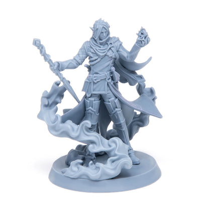 Unpainted grey fantasy miniature of a robed figure holding a staff and a magical flame, with swirling energy at its base.
