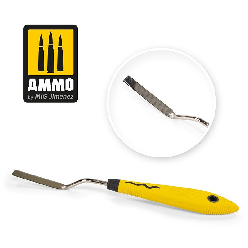Yellow modeling tool by Ammo with a flat metal blade and bent shank; close-up view