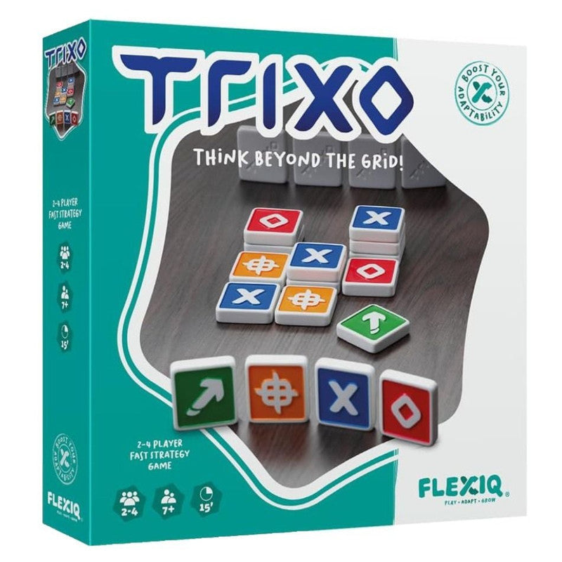 Board game box for FlexiQ Trixo showing colorful artwork and game title on front