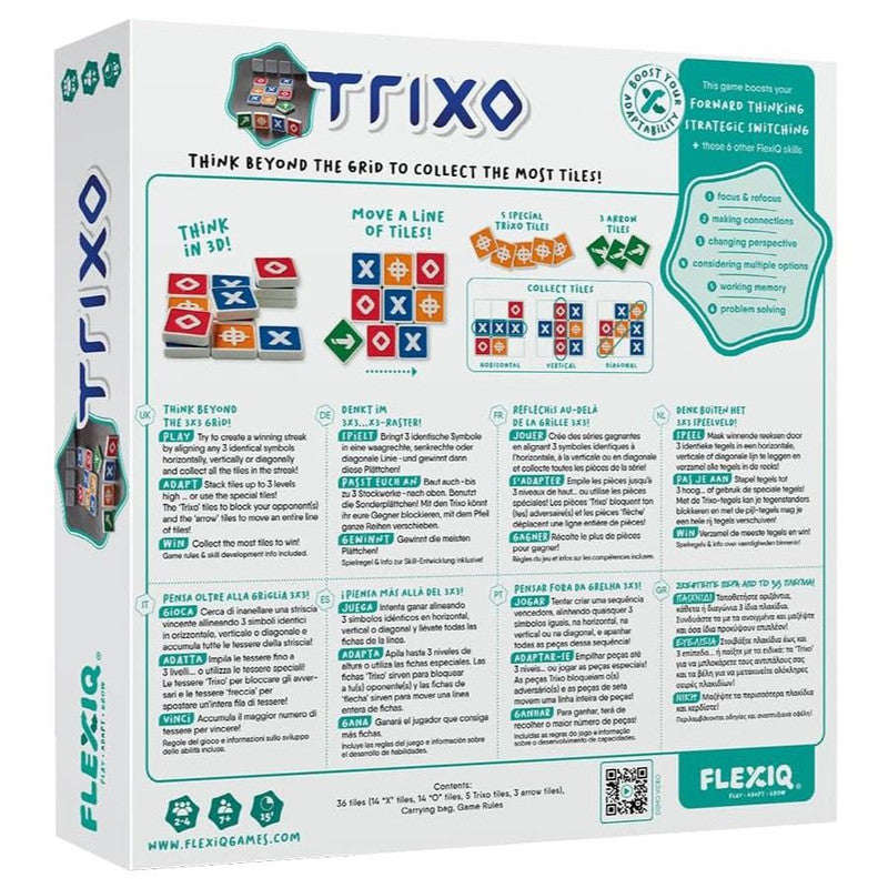 FlexiQ Trixo board game box showing colorful geometric puzzle pieces and the game logo