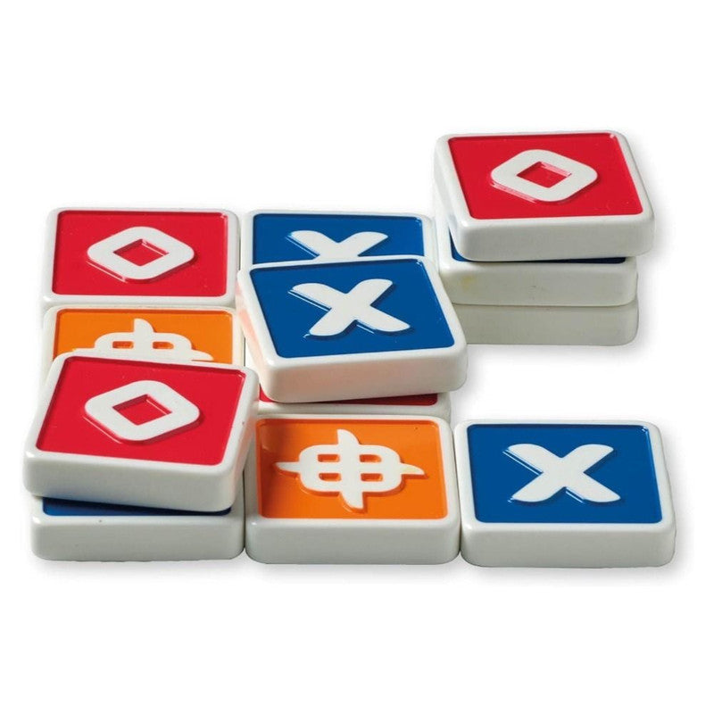 FlexiQ Trixo multi-colored puzzle pieces laid out on a wooden surface
