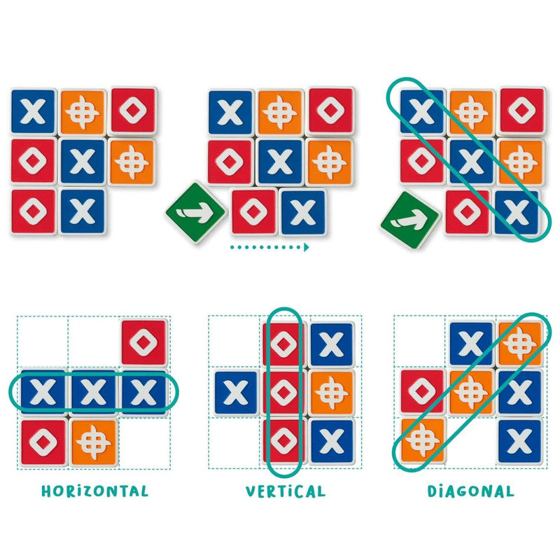 Close-up of FlexiQ Trixo colorful geometric puzzle pieces assembled on the board