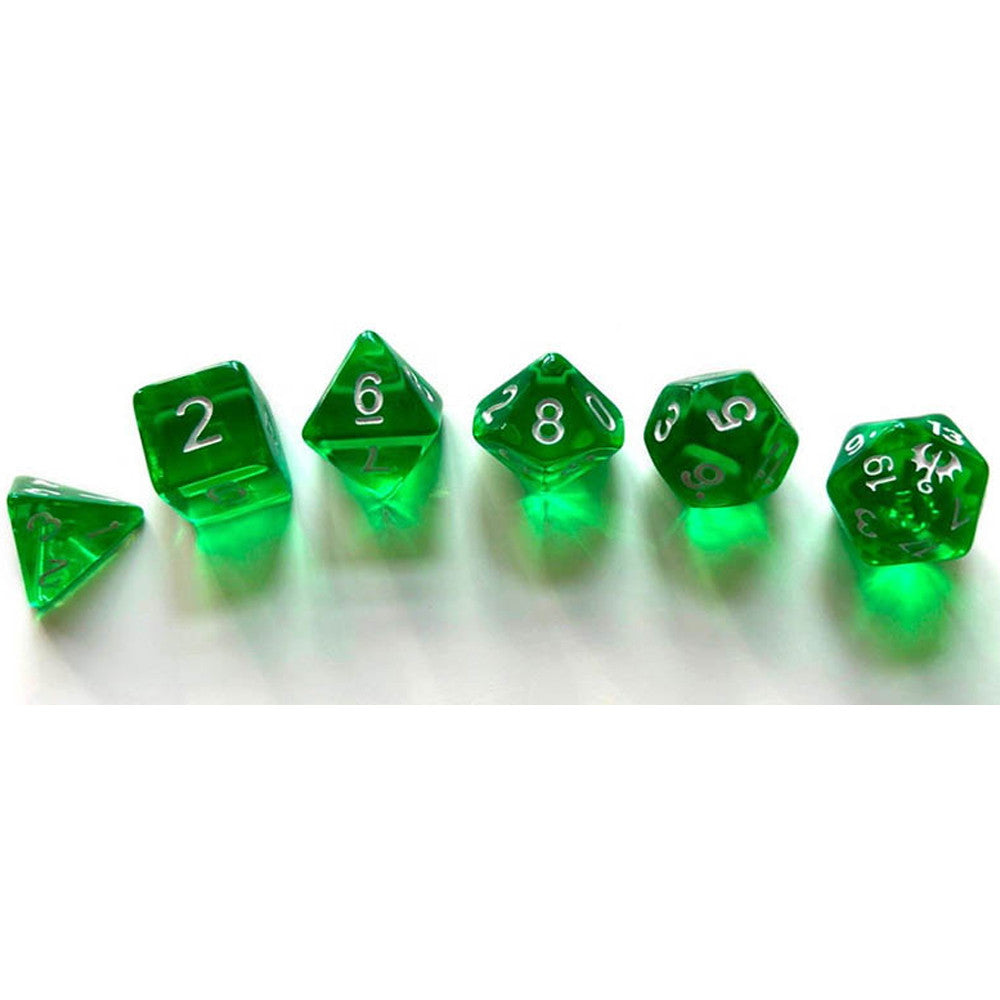 Seven translucent green Dragonbane RPG dice with white numbers displayed on a white background