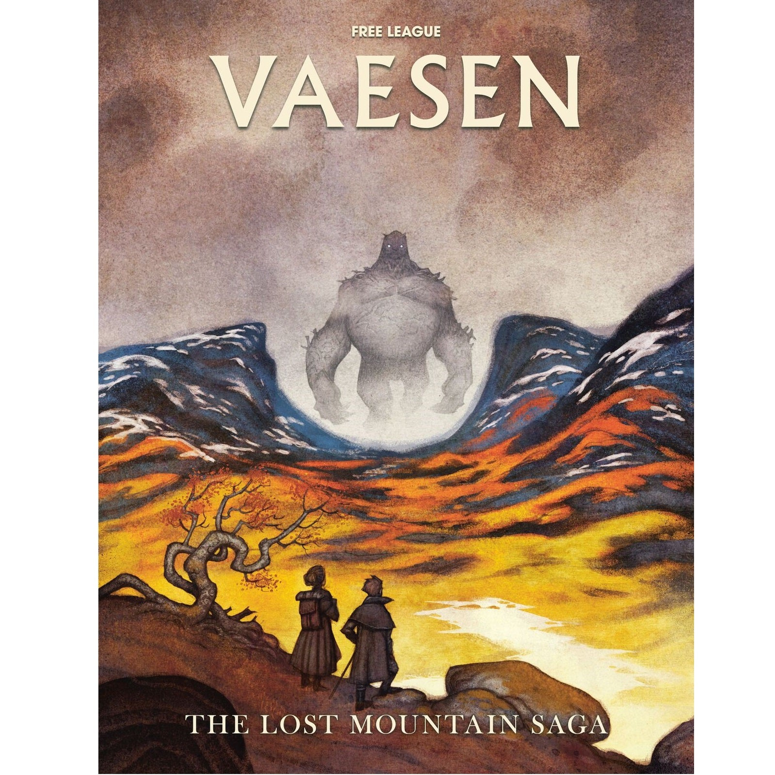 Vaesen: Two travelers gaze at a huge, glowing-eyed monster appearing in a fiery valley between rocky mountains under a misty sky