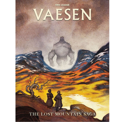 Vaesen: Two travelers gaze at a huge, glowing-eyed monster appearing in a fiery valley between rocky mountains under a misty sky
