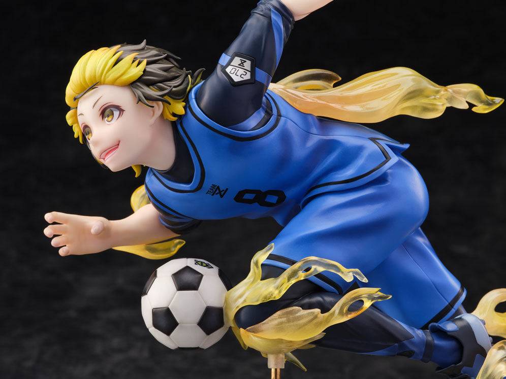 Blue Lock figure of Yoichi Isagi in blue and black uniform with yellow energy effects around a soccer ball