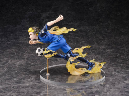 BLUE LOCK Chigiri Hyoma 18 scale statue of a boy in blue uniform with yellow flame effects running with a soccer ball