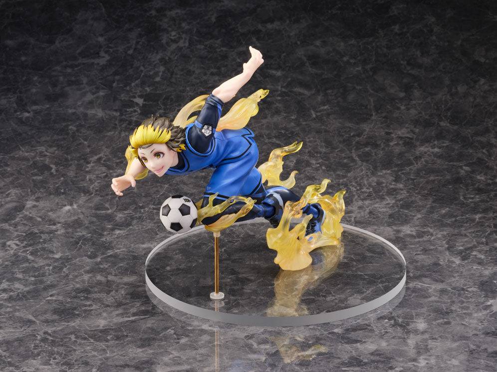 Blue Lock Isagi Yoichi figure in action pose with a soccer ball and flame effects on a clear base