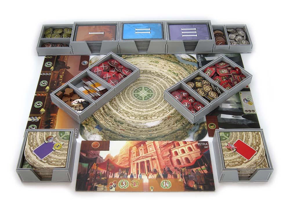 Folded Space Insert for 7 Wonders board game with components organized