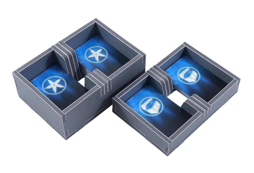 Insert organizer loaded with tokens and cards for Abyss game