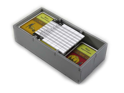 Foam insert sections holding various Agricola game cards and tokens