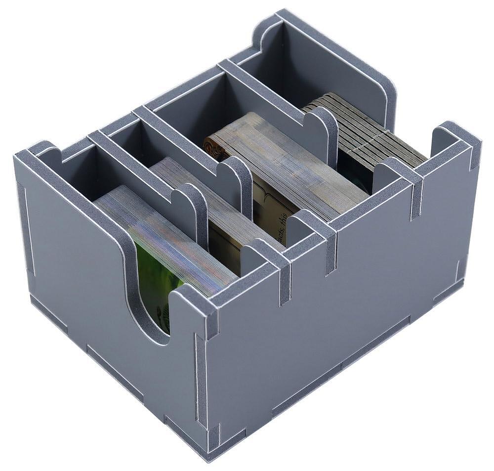 Folded Space game insert close-up showing detailed foam compartments for Alchemists pieces