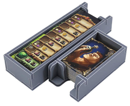 Folded Space game insert opened displaying compartments filled with Alchemists cards and tokens