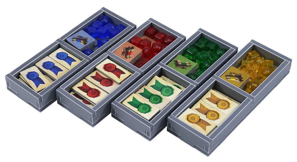 Folded Space organizer insert for Alchemists, showing folded foam compartments with cards and tokens