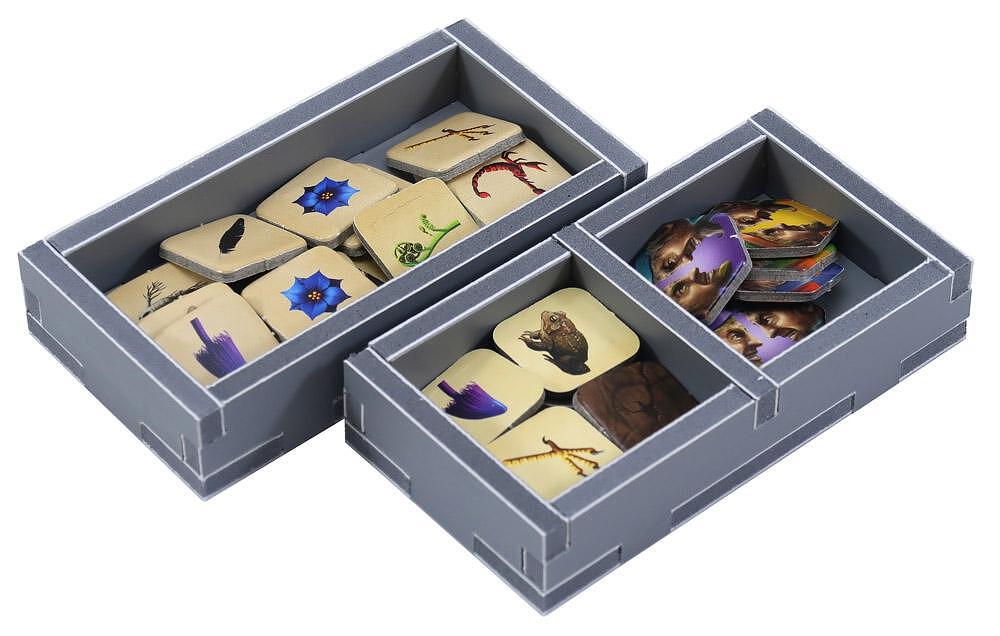 Folded Space game insert opened flat with compartments for Alchemists game pieces