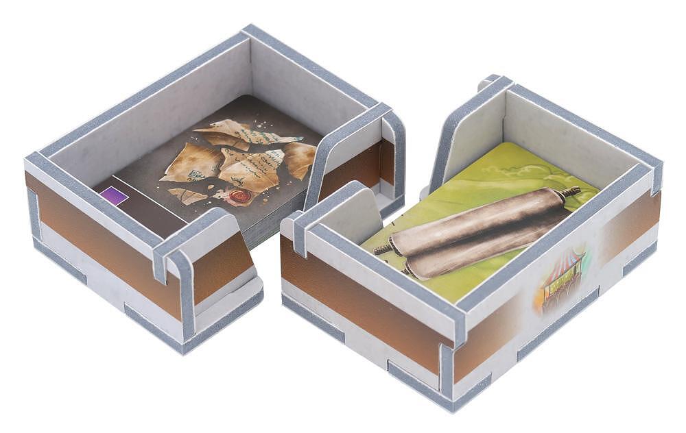 Folded Space game insert for Architects of the West Kingdom displaying neatly sorted cards and tokens