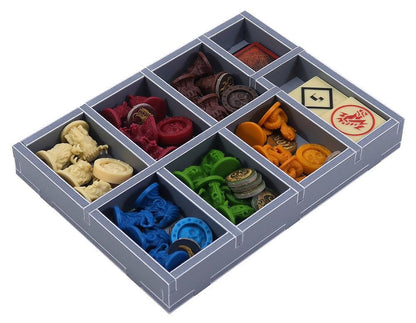 Top-down view of Blood Rage components neatly stored in insert
