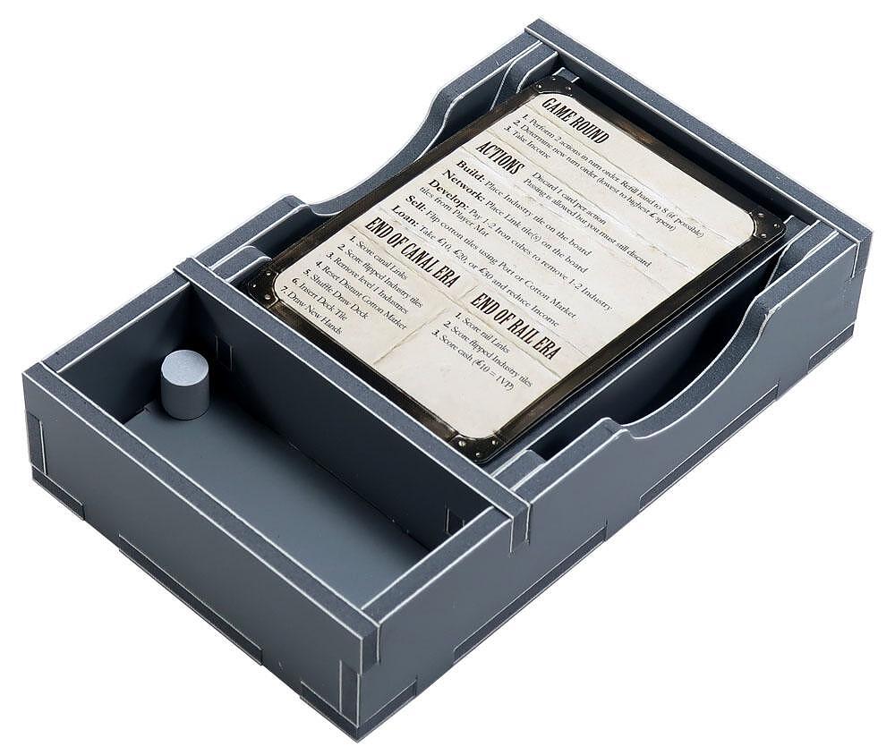 Folded Space Brass game organizer with card and token slots, grey color