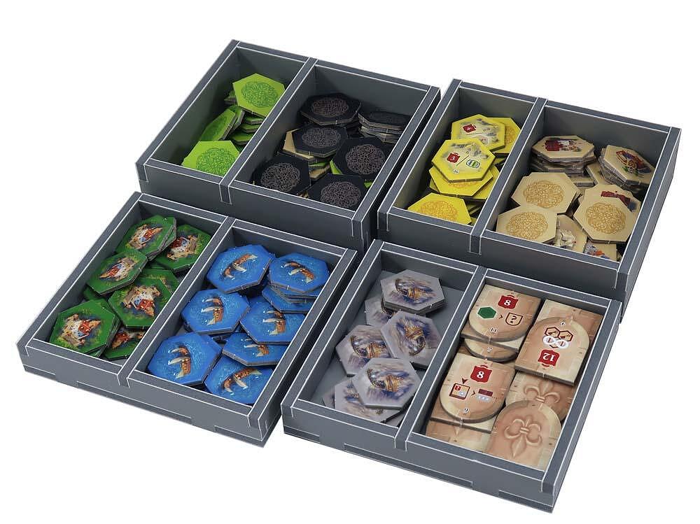 Folded Space insert organizer for Castles of Burgundy displayed alongside game box components