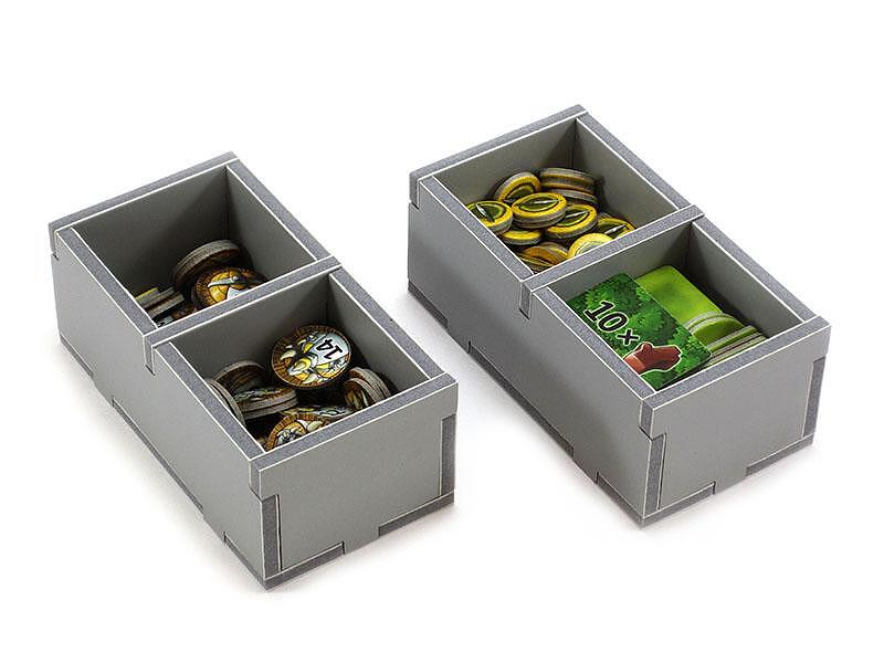 Folded Space Caverna game insert with tokens and cards organized in grey storage tray dividers