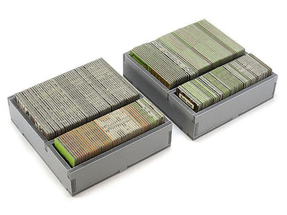 Folded Space game insert for Caverna 6, grey organizer holding stacks of green and brown board game cards