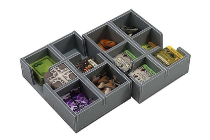 Folded Space Caverna 7 game insert in gray, showing tokens and cards