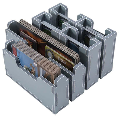 Top view of organizer insert holding game tokens and cards