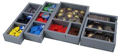 Folded Space organizer insert open with game pieces placed inside