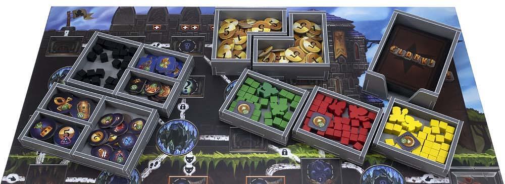 Detailed view of assembled insert trays inside the Clank! game box