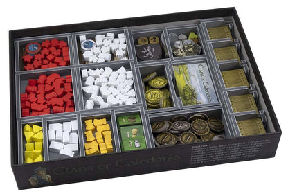 Folded Space insert for Clans of Caledonia with cards and tokens neatly arranged