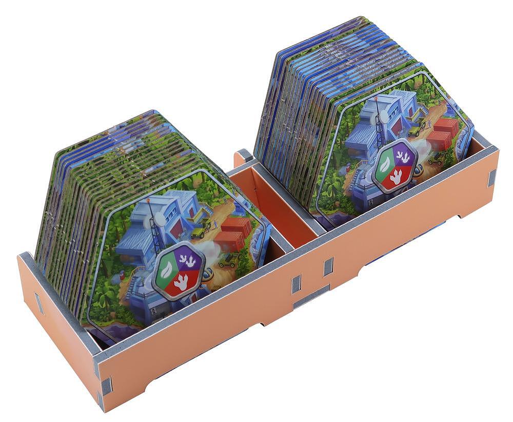 Organizer insert for Dinosaur World board game, stacked tiles in orange box