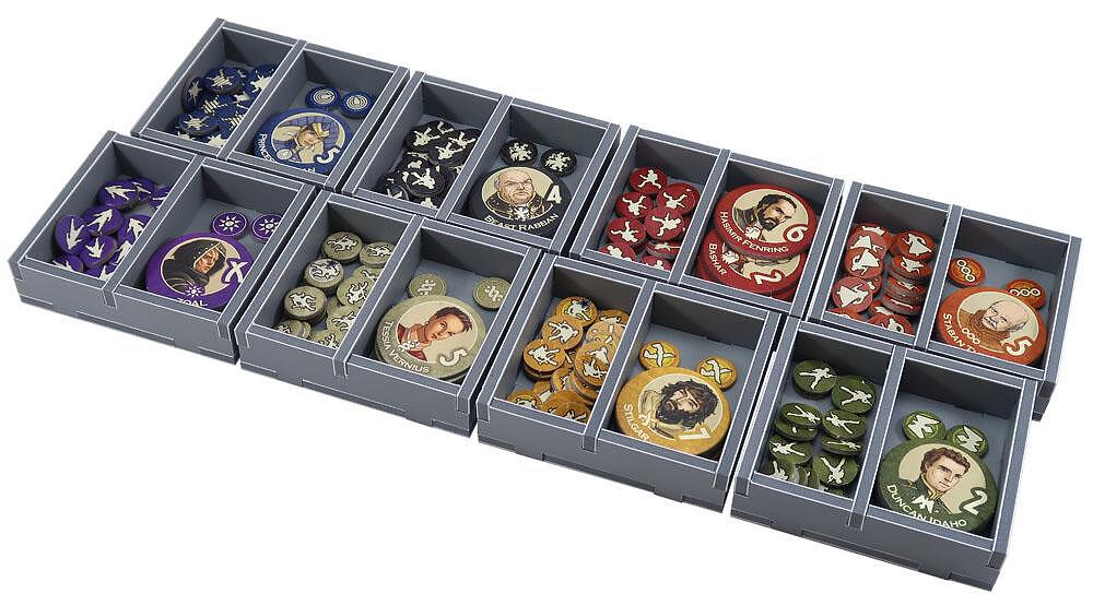 Folded Space organizer for Dune, with various game pieces and cards in designated slots
