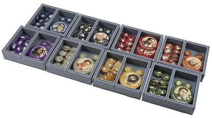 Folded Space organizer for Dune, with various game pieces and cards in designated slots