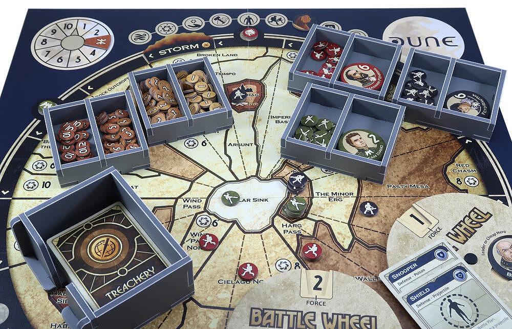 Folded Space game insert for Dune, open layout displaying organized game components